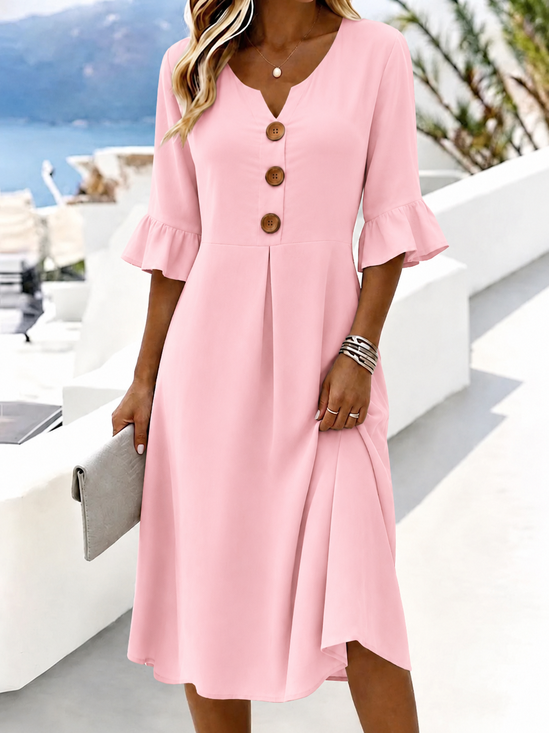 Women Plain Summer Dress V Neck Half Sleeve A-Line Dress