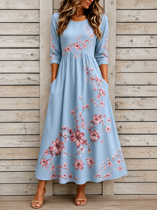 Women Floral Summer Dress Crew Neck Half Sleeve T-Shirt Dress A-Line Dress