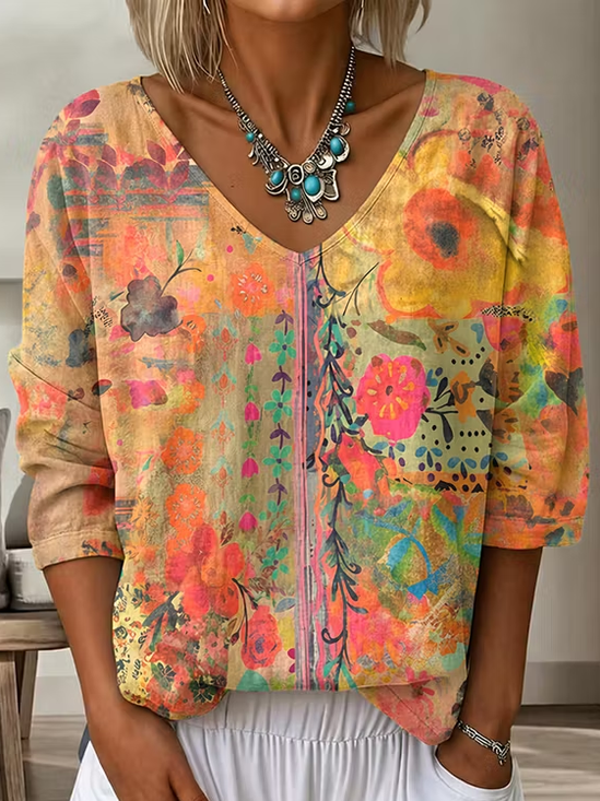 Casual Floral V Neck Three Quarter Sleeve T-shirt