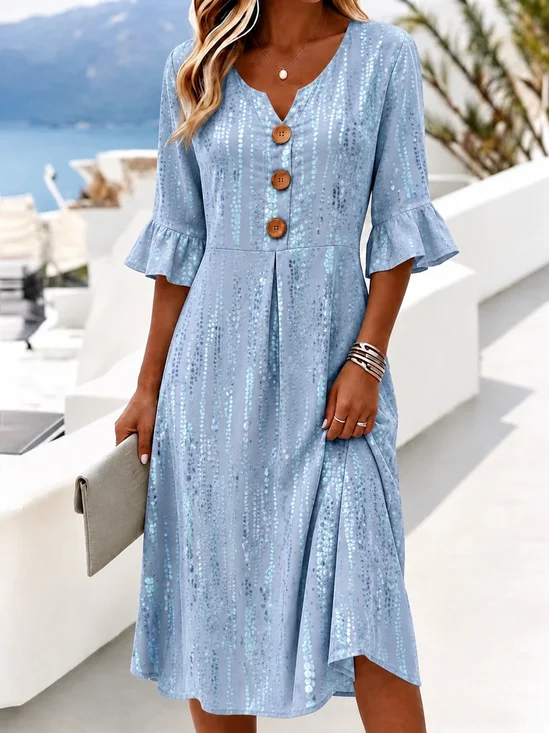 Women Abstract Summer Dress V Neck Half Sleeve A-Line Dress