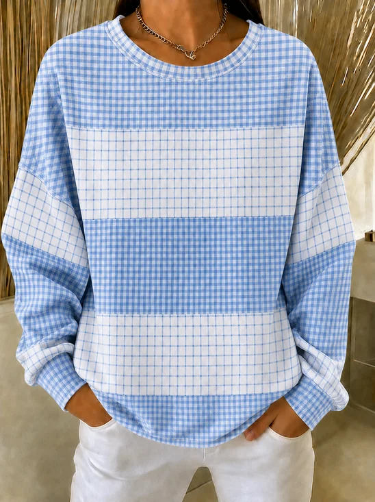 Casual Crew Neck Color Block Sweatshirt Printing