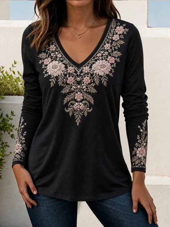Casual Floral V Neck Long Sleeve T-shirt