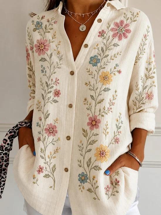Shirt Collar Long Sleeve Floral Regular Micro-Elasticity Loose Shirt For Women