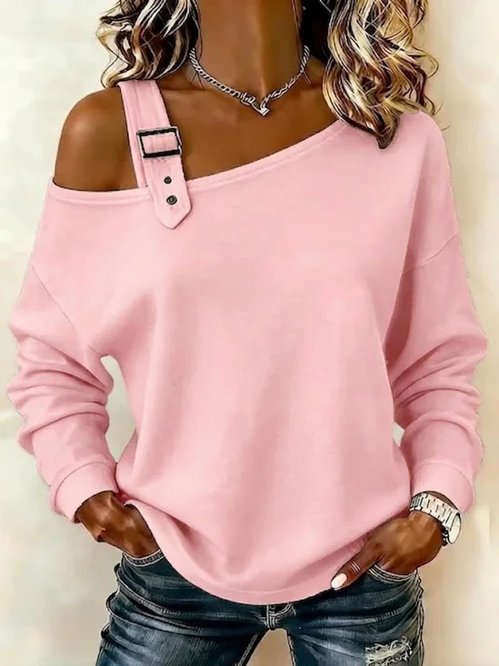Casual Asymmetrical Plain Sweatshirt Buckle