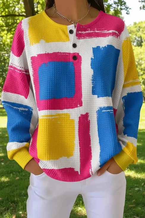 Casual Henley Collar Multicolor Block Sweatshirt