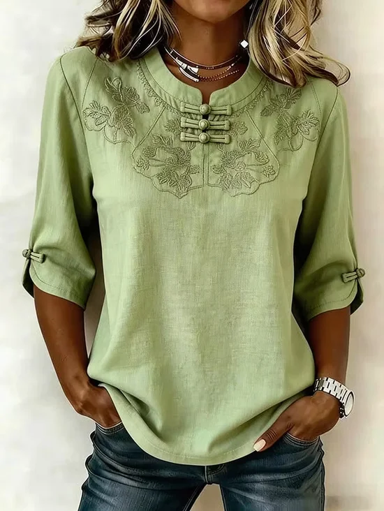 Mandarin Collar Half Sleeve Floral Printing Regular Micro-Elasticity Regular Fit Blouse For Women