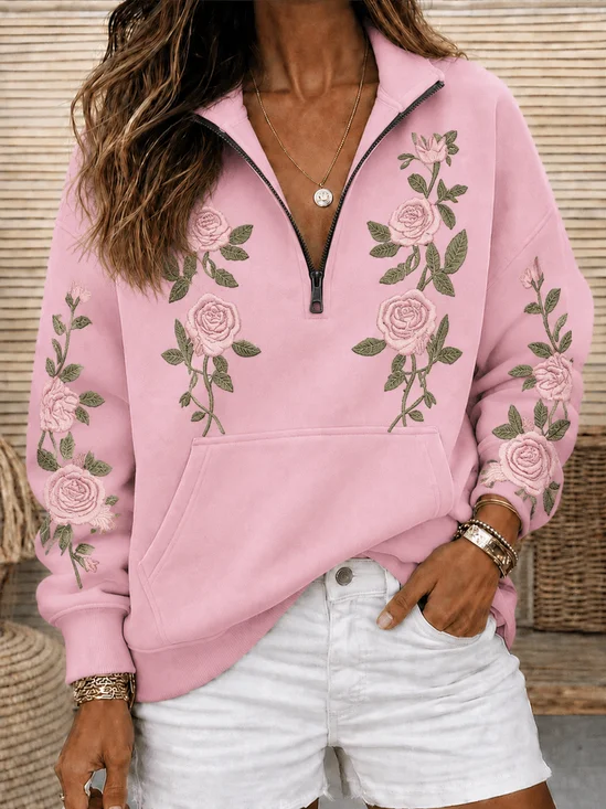 Casual Half Open Collar Floral Sweatshirt