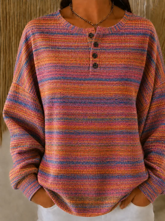 Vintage Henley Collar Multicolor Block Sweatshirt Printing