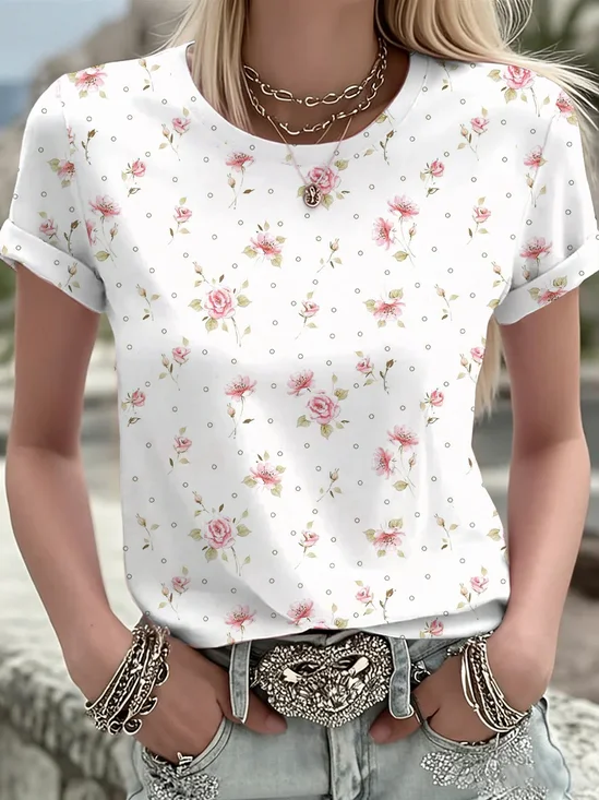 Casual Floral Crew Neck Short Sleeve T-shirt