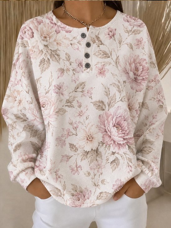 Casual Henley Collar Floral Sweatshirt