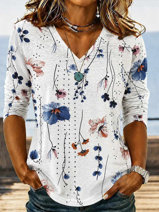 Casual Floral V Neck Long Sleeve T-shirt