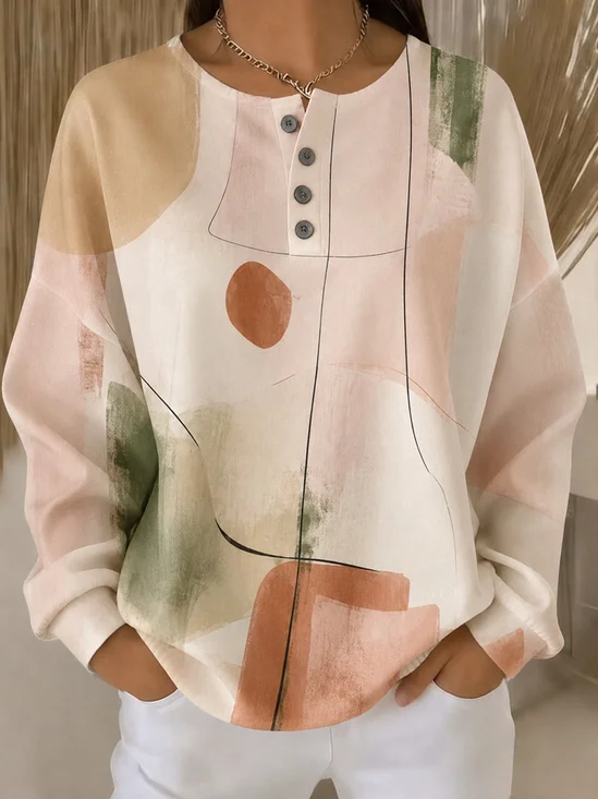 Casual Henley Collar Abstract Graphic Sweatshirt