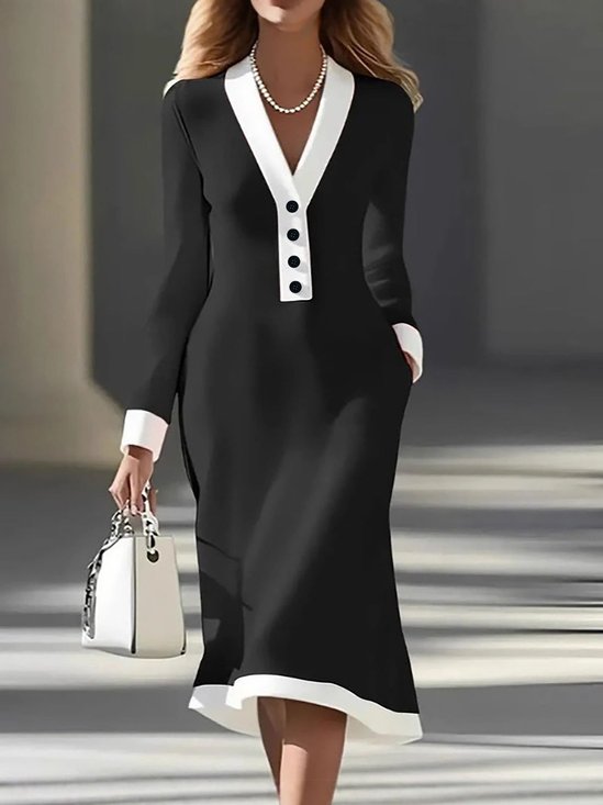 Women Plain Spring/Fall Dress V Neck Long Sleeve Sweater A-Line Dress