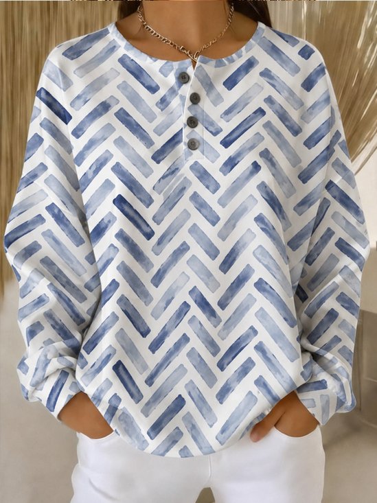 Casual Henley Collar Geometric Sweatshirt