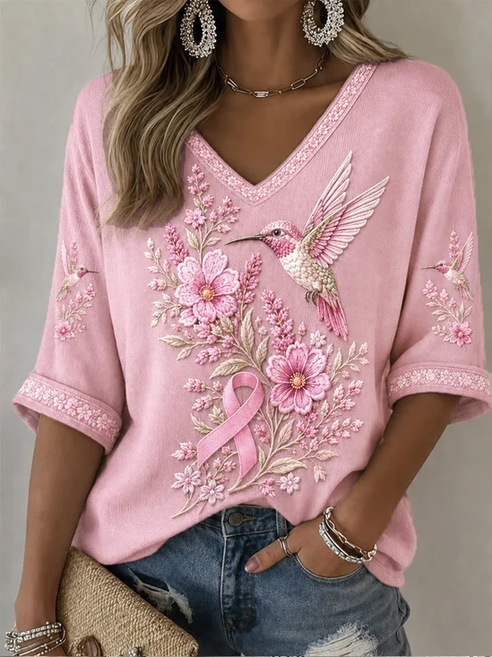 Vintage Floral V Neck Half Sleeve T-shirt