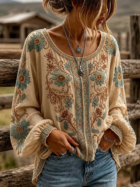 Crew Neck Long Sleeve Floral Printing Lightweight Micro-Elasticity Loose Blouse For Women