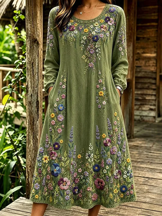 Women Floral Spring/Fall Dress Crew Neck Long Sleeve Linen H-Line Dress