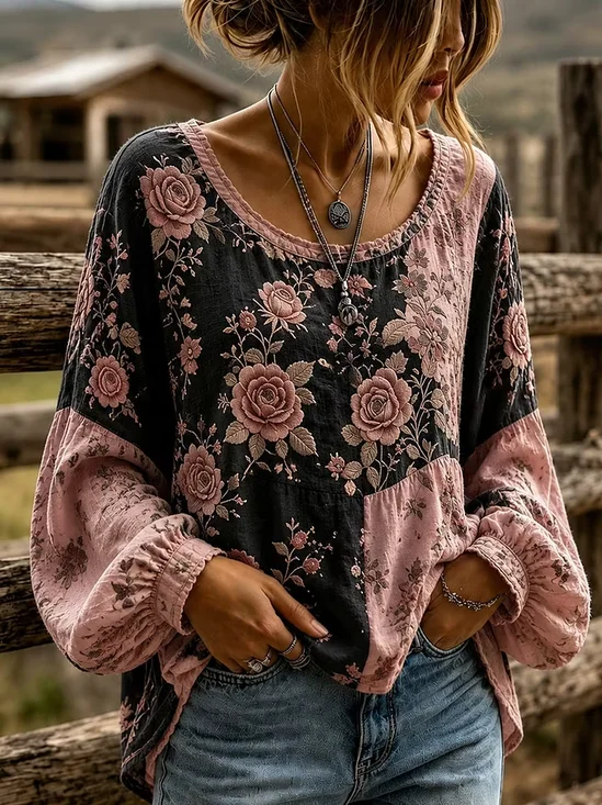 Crew Neck Long Sleeve Floral Printing Lightweight Micro-Elasticity Loose Blouse For Women