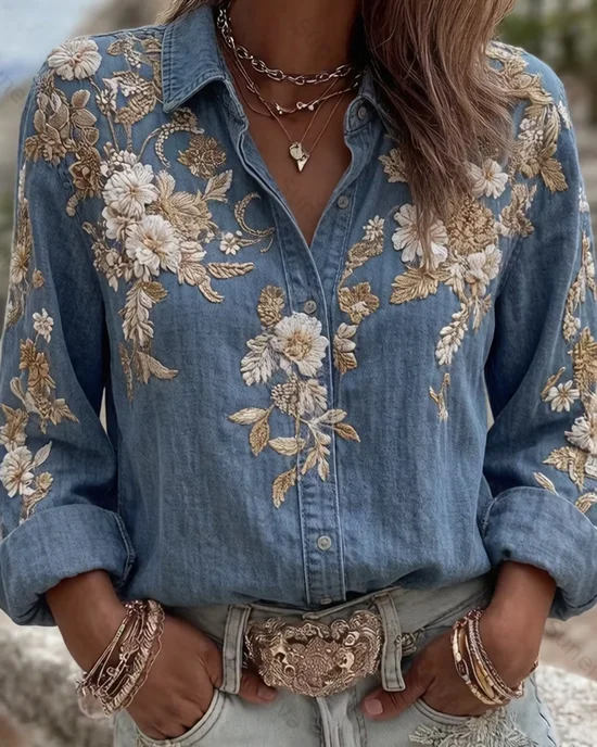 Shirt Collar Long Sleeve Floral Buckle Regular Loose Button Up Shirt Shirt For Women