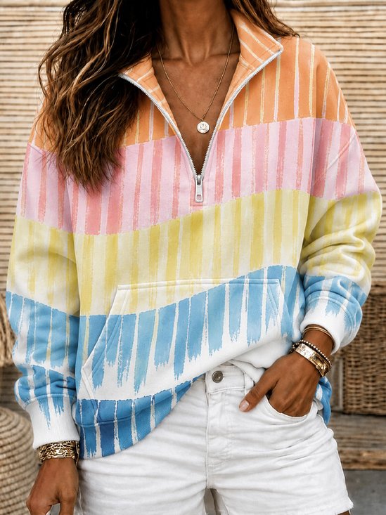 Casual Half Open Collar Geometric Sweatshirt