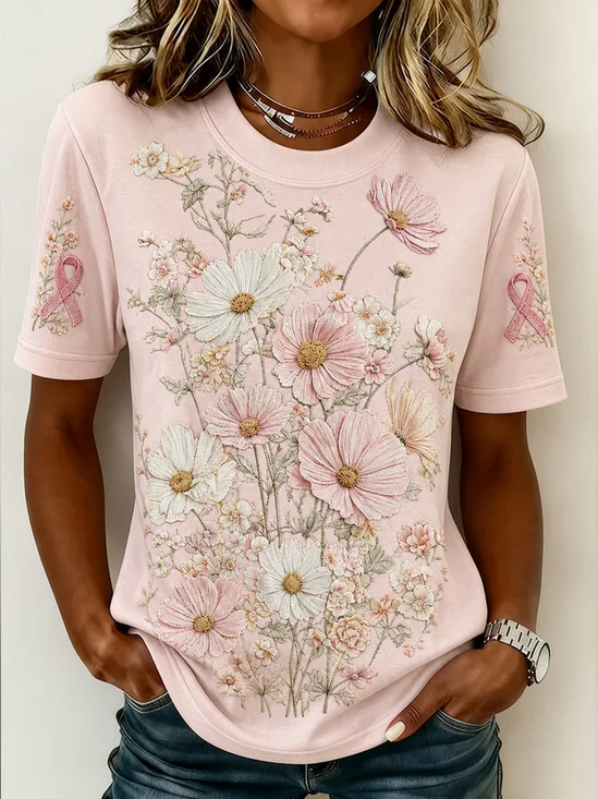 Casual Floral Crew Neck Short Sleeve T-shirt