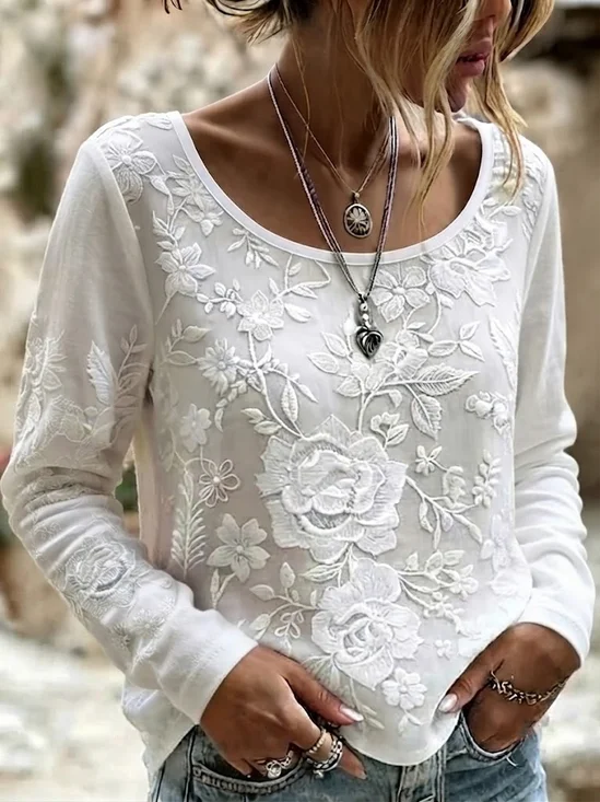 Casual Floral Crew Neck Long Sleeve T-shirt
