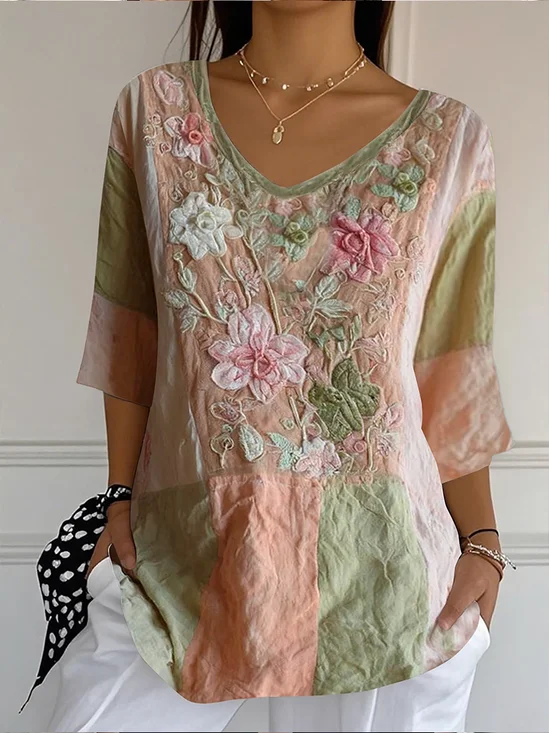 Casual Floral V Neck Three Quarter Sleeve T-shirt