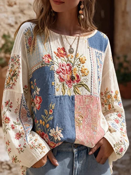 Crew Neck Long Sleeve Floral Printing Lightweight Micro-Elasticity Loose Blouse For Women