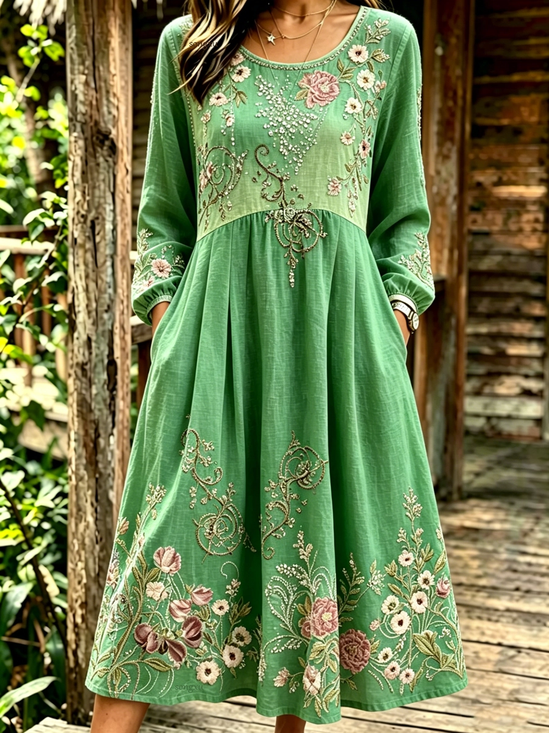 Women Floral Spring/Fall Dress Crew Neck Long Sleeve Linen H-Line Dress