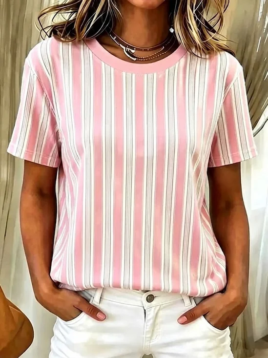 Casual Striped Crew Neck Short Sleeve T-shirt