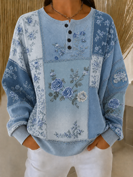 Casual Henley Collar Floral Sweatshirt