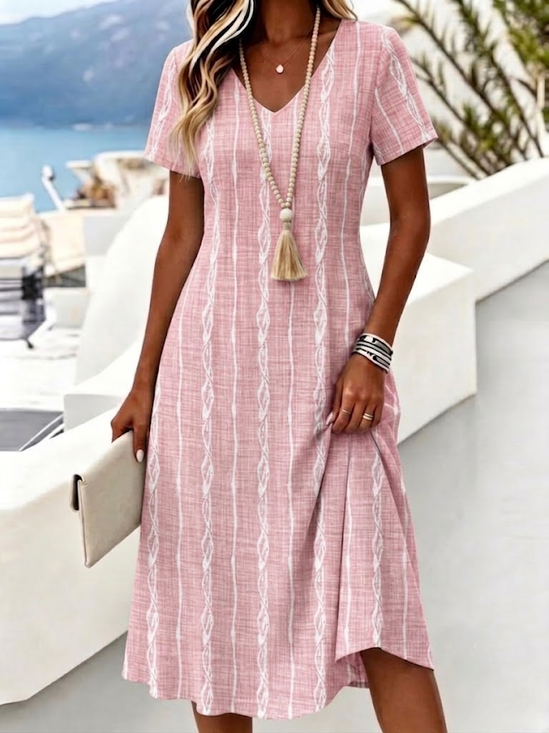 Women Geometric Summer Dress V Neck Short Sleeve T-Shirt Dress A-Line Dress