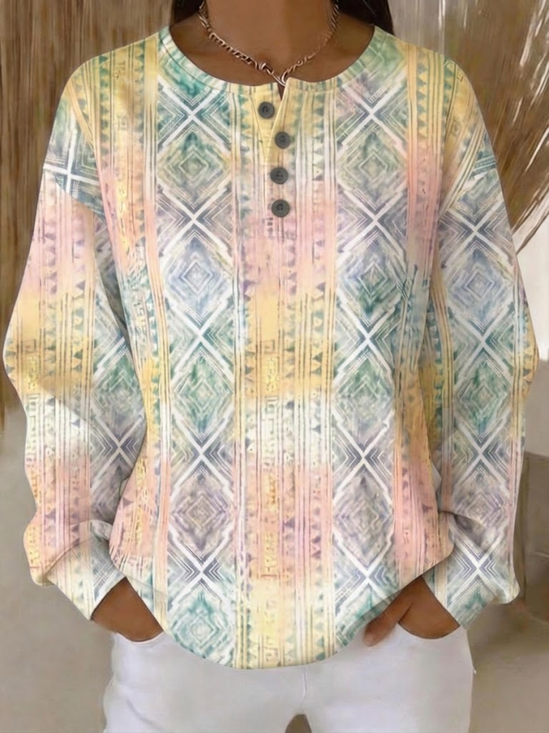 Casual Henley Collar Geometric Sweatshirt