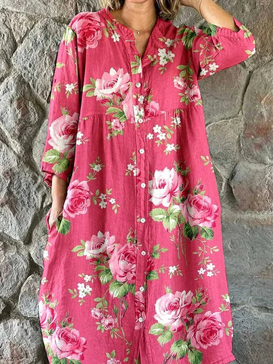 Women Floral Spring/Fall Dress Henley Collar Three Quarter Sleeve Shirt Dress H-Line Dress