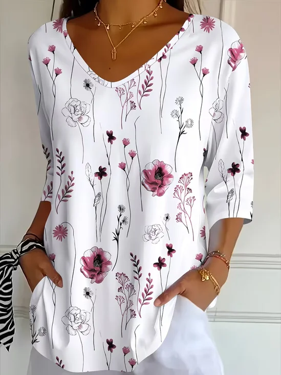 Casual Floral V Neck Three Quarter Sleeve T-shirt