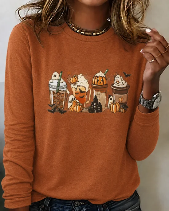 Casual Halloween Crew Neck Long Sleeve T-shirt