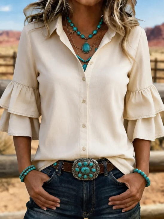 Shirt Collar Half Sleeve Plain Regular Micro-Elasticity Regular Fit Shirt For Women