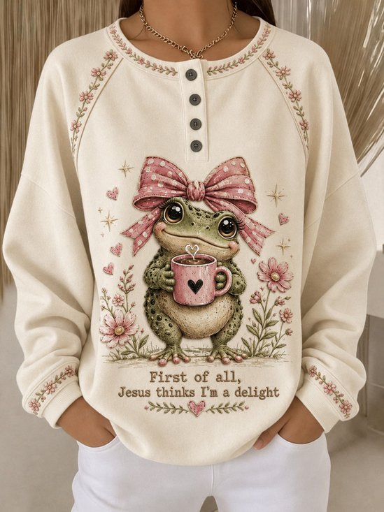 Casual Henley Collar Floral Sweatshirt