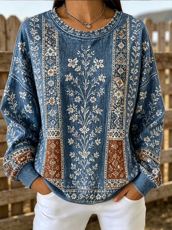 Casual Crew Neck Geometric Sweatshirt