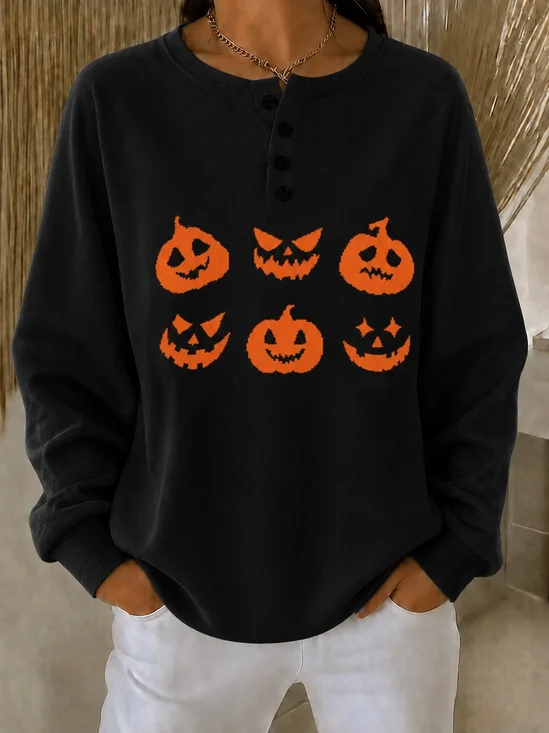Casual Henley Collar Halloween Sweatshirt Printing