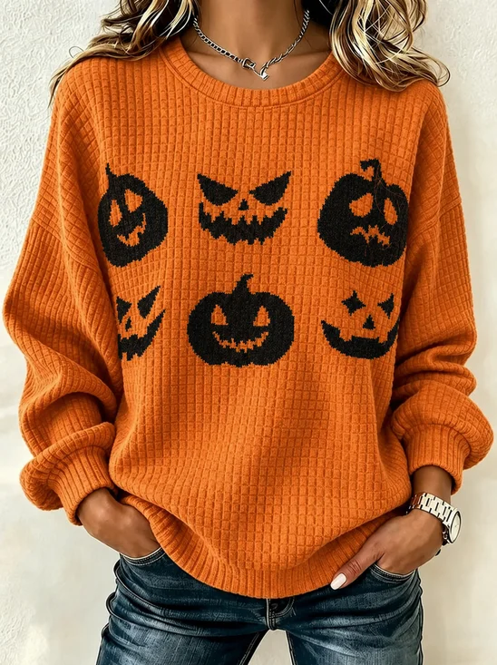 Casual Crew Neck Halloween Sweatshirt Printing