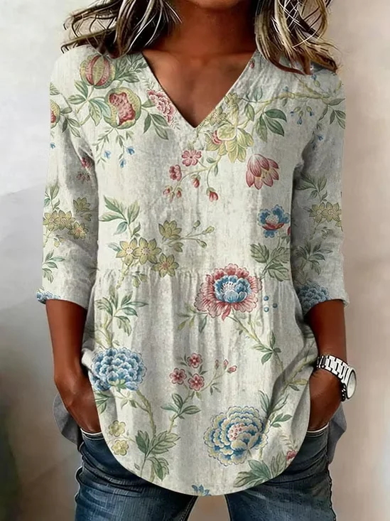 Vintage Floral V Neck Long Sleeve T-shirt