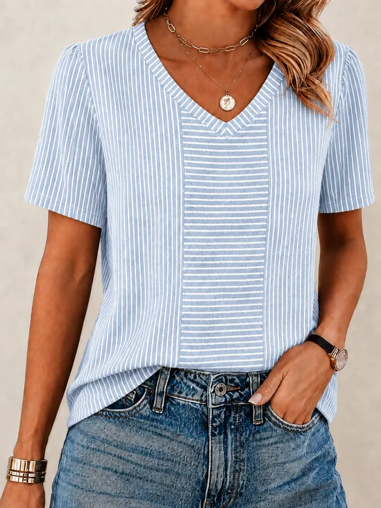 Vintage Striped V Neck Short Sleeve T-shirt