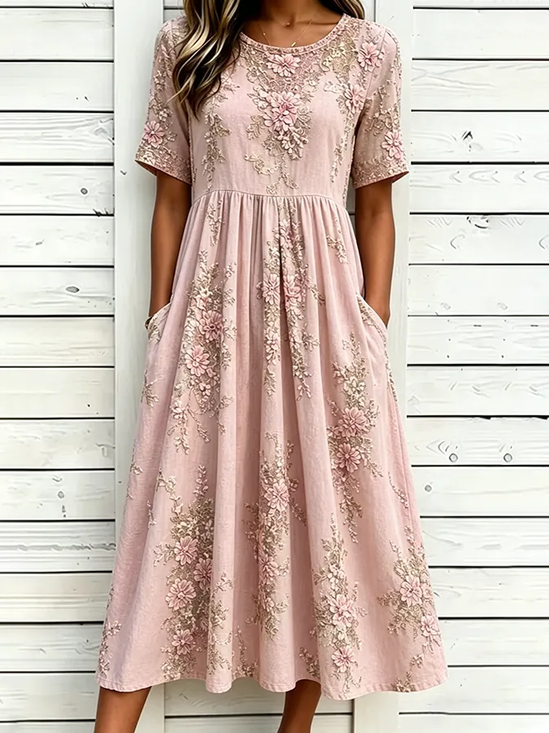 Women Floral Summer Printing Dress Crew Neck Half Sleeve H-Line Dress