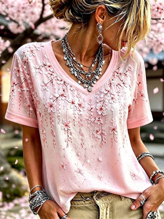 Vintage Floral V Neck Short Sleeve T-shirt