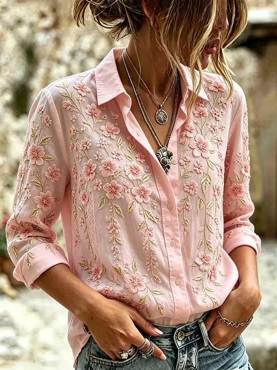 Shirt Collar Regular Sleeve Long Sleeve Floral Buckle Regular Loose Button Up Shirt Shirt For Women