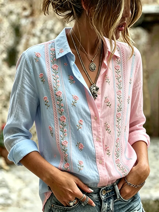 Shirt Collar Regular Sleeve Long Sleeve Floral Buckle Regular Loose Button Up Shirt Shirt For Women