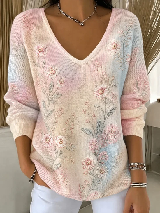Casual Floral V Neck Long Sleeve T-shirt