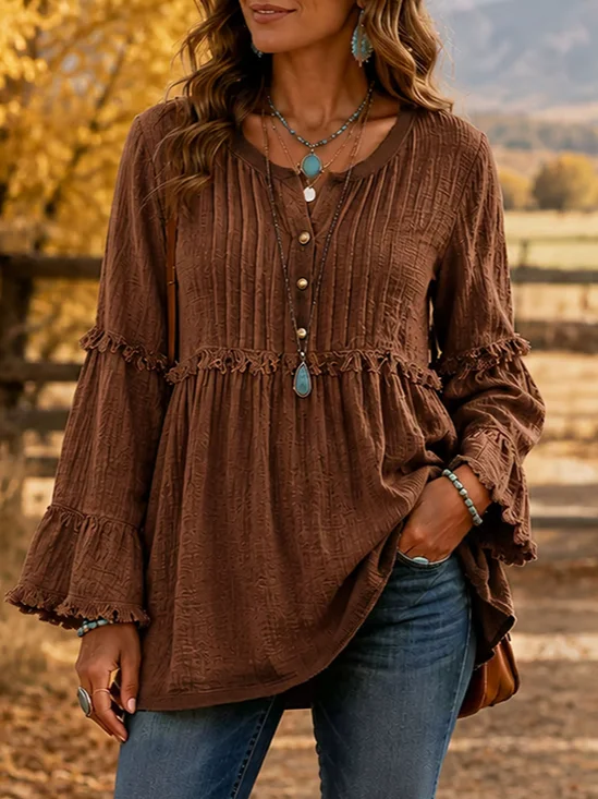 Crew Neck Long Sleeve Plain Lace Regular Micro-Elasticity Loose Blouse For Women