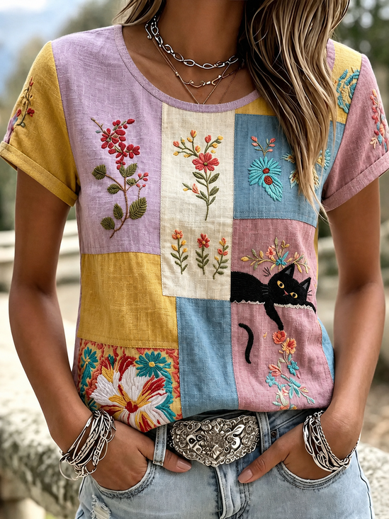 Vintage Cat Crew Neck Short Sleeve T-shirt